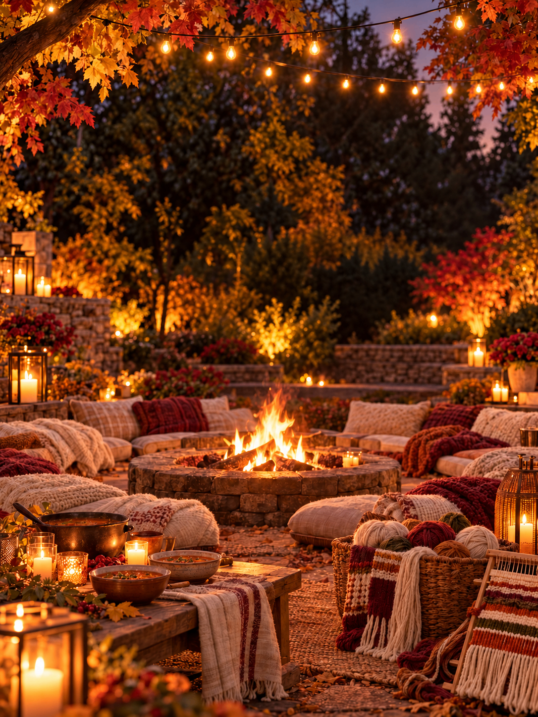 Firelit autumn garden with cushions, candles, string lights and woven blankets